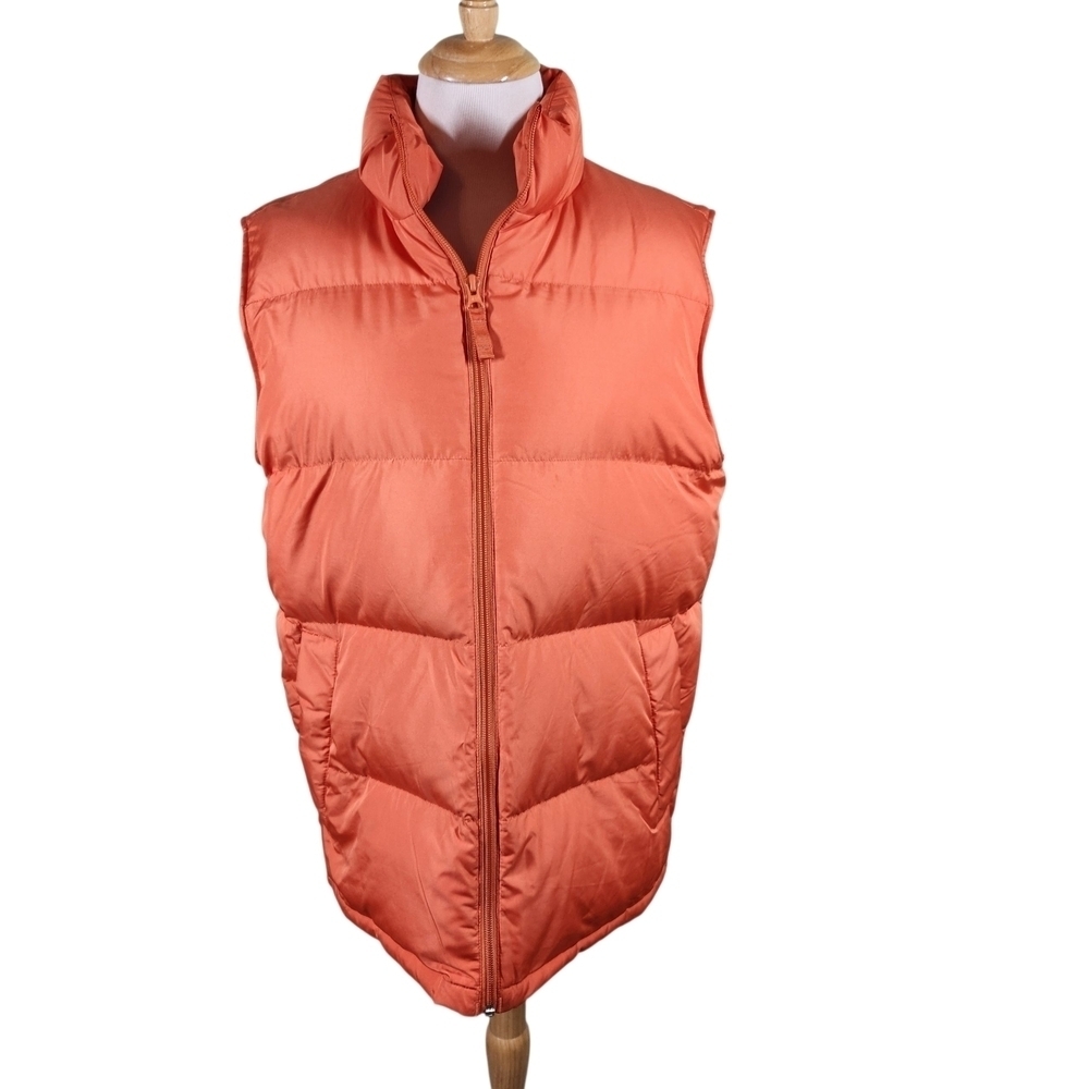 Land's End Vest Mens Large Goose Down Orange Full Zip Puffer Vest, Sz Med